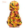 Silky satin orange camouflage durag for men featuring extra long straps and vibrant pattern - Adjustable / Orange Camouflage