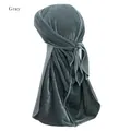 Grauer Velvet Durag mit langen Bändern und elastischem Hip-Hop Kopfband aus Samt - Einheitsgröße / Grau