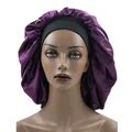 Elastic wide band satin sleep bonnet in purple for hair care on a female mannequin head - Adjustable / Purple