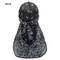 Silky black durag for men with white paisley patterns and long ties for hip-hop style - Black