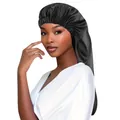 Bonnet long en satin noir avec bande élastique pour cheveux longs et dreadlocks - Noir
