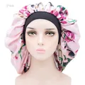 Pink floral printed satin sleep bonnet with an elastic wide band for hair protection. - One Size / Pink