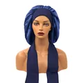 Navy blue satin bonnet with wide elastic band and long ties for hair protection - Large / Navy Blue
