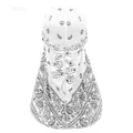 White silk Durag for men featuring classic black Paisley pattern and long tail strap - White