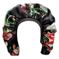 Extra large satin sleep cap for women featuring a black floral print and elastic band - Adjustable / Rainbow