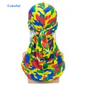 Silk-like satin durag featuring colorful camouflage pattern and classic long tail - Adjustable / Colorful Camouflage