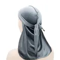Classic dark grey velvet durag with long tail for men, shown on mannequin from back view - Adjustable / Gray