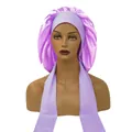 Light purple satin sleep bonnet with wide stretchy ties and a glossy silk finish - Large / Light Purple