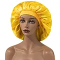 Bright yellow satin sleep bonnet with elastic wide band for curly hair protection - Adjustable / Yellow