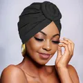 Close-up of black bohemian turban hat featuring a unique spiral flower knot design - Black