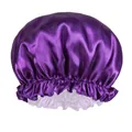 Close-up of a double-layered purple satin bonnet with elastic band and ruffled edges - Purple