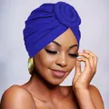 Detail of dark blue bohemian turban hat with large dimensional rose knot decoration - Sapphire Blue