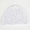 Close-up of white crochet mesh skull cap with breathable openwork knitted texture - White