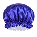 Detail of dark blue satin sleep cap showing the elastic band and ruffled edges - Sapphire Blue