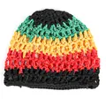 Close-up of crochet mesh beanie featuring Rastafari stripes in black green yellow red - Colorful