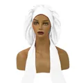 White satin sleep bonnet with wide elastic band and long straps on a mannequin head - Large / White