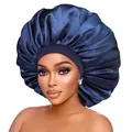 Dettaglio della cuffia da notte in raso blu scuro con ampia fascia nera elastica - Taglia unica / Blu navy