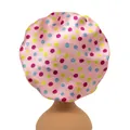 Satin sleep cap for kids featuring vibrant pink base with multicolored polka dots - One Size / Pink Multicolor Dots