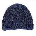 Detail showing dark blue mesh knit pattern and elastic edge on hollow out hair net cap - Navy Blue