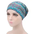 Turbant bohème élastique à imprimé floral avec motifs géométriques bleus et jaunes - Géométrique Bohème (YH-6)