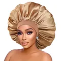 Champagne satin hair bonnet with brown elastic band for hair care, large sleeping cap - One Size / Khaki