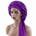 Deep purple satin hair bonnet with wide elastic band and long ribbon straps for women - Medium / Purple