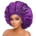 Detail of a large purple satin bonnet showing smooth texture and elastic wide band - Adjustable / Purple