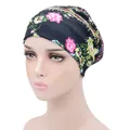 Turbant élastique en coton noir avec imprimés floraux roses et jaunes pour femmes - Floral Noir Rose Jaune (YH-7)