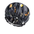 Satin sleep bonnet with butterfly print and elastic band for hair protection - Black