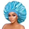Macro view of light blue satin hair bonnet featuring a soft wide elastic headband - One Size / Sky Blue