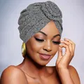 Close-up of bohemian turban hat with grey knit texture and circular fold detail - Dark Gray