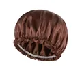 Deep brown satin sleep bonnet with ruffle edge and elastic band for hair care - Adjustable / Coffee