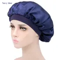 Bonnet de nuit en satin bleu marine avec large bande élastique protectrice - Taille unique / Bleu marine