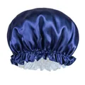 Detail of navy blue satin sleep cap with white lining and elastic ruffled edge - Navy Blue