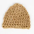 Detailed view of the hollow mesh structure on a golden brown crochet knit hair net cap - Khaki