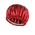 Dark red satin hair bonnet with white elastic band and ruffled edges for hair protection - Adjustable / Red