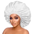Detail of white satin bonnet featuring silky texture and elastic wide band for hair care - Adjustable / White