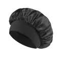 Elastic wide-band black satin sleep bonnet for hair protection and beauty care - One Size / Black