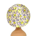 Elastische Kinder-Schlafhaube aus Satin mit gelbem und lila Blumenmuster auf Weiß - Einheitsgröße / Hellviolett Blumig