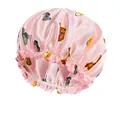 Pink satin butterfly print sleep cap with elastic band and ruffled edges for hair care - Pink