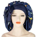 Dunkelblaue Satin-Schlafhaube mit bunten Schmetterlingsdrucken und breitem Band - Marineblau