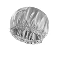 Silver satin sleep bonnet for hair care with soft elastic band and ruffled edge - Adjustable / Silver