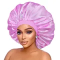 Detailed view of large pink satin bonnet with soft elastic band for hair care - One Size / Light Purple