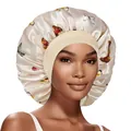 Détail du bonnet de nuit en satin avec motifs de papillons et large bande élastique - Blanc Cassé