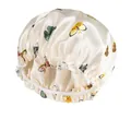 Cream satin sleep bonnet with colorful butterfly print and elastic band closure - Milky White