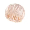 Champagne gold satin hair bonnet with elastic band and ruffled edge for hair protection - Adjustable / Off White