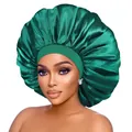 Detail view of the emerald green satin bonnet showing smooth texture and elastic band - One Size / Cyan