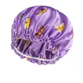 Purple satin hair bonnet with colorful butterfly print and white elastic ruffle band - Purple