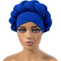 Turbante trenzado azul real de seda de leche con diseño cruzado de estilo étnico - Ajustable / Azul