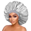 Macro view of silver satin sleep bonnet with elastic wide band for hair protection - One Size / Silver